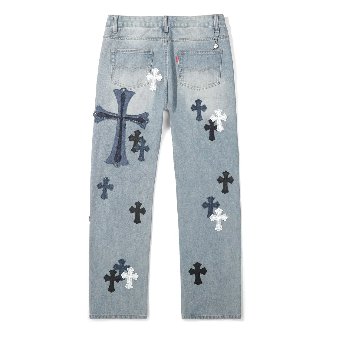 P310 (top replica) Ch rare co-branded top item Chrome hearts new Chrome heart patchwork leather patch cross stitching micro-flare jeans Top-notch configuration, details are invincible! ! Cleanfit has become very popular in the past two years, and Kroxin’s consistent style is particularly high-end! ! Imported Japanese woven fabric ready-made clothes, genuine leather Crocodile leather labels and waist cloth leather tags are sewn on. The overall process is very cumbersome. The buttons on the trousers fly, rivets, back pockets, and metal decorative plates are all custom-made from molds. After they are finished, they are distressed to create a very effective effect. It has a vintage taste, and has been used by all kinds of big-name European and American celebrities. Kenijima’s cleanfit style has become popular all over the world. Top-grade hardware, pay attention to my detailed photos, the buttons are all detachable, and they are made of 925 engraved silver! ! Match as you like, suitable for both men and women ✔️✔️ Color: Blue Size: S M L XL